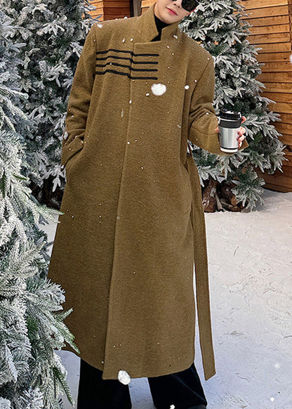 Loose Ginger Yellow Stand Collar Pockets Woolen Coats Winter Ro045