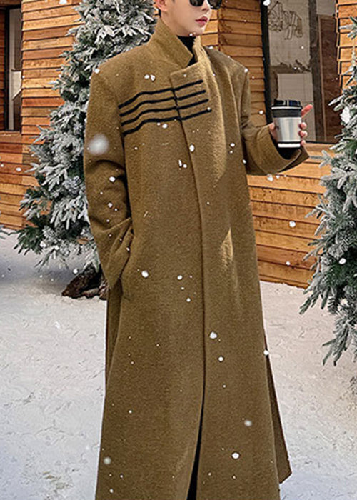 Loose Ginger Yellow Stand Collar Pockets Woolen Coats Winter Ro045