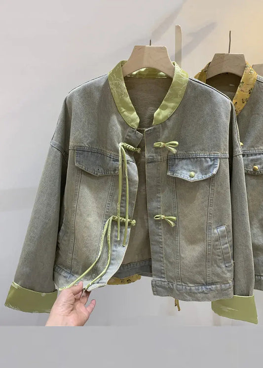 Loose Green Chinese Button Patchwork Denim Coats Long Sleeve Cg1011