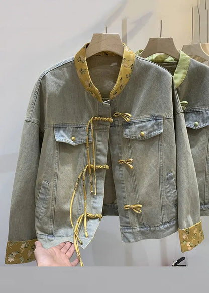 Loose Green Chinese Button Patchwork Denim Coats Long Sleeve Cg1011