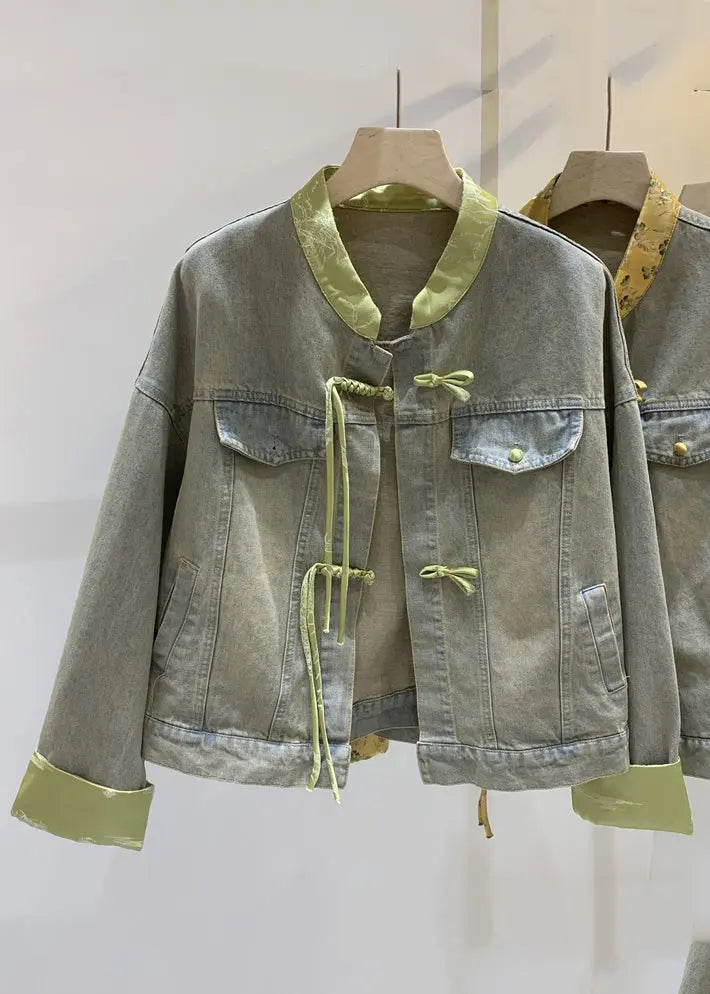 Loose Green Chinese Button Patchwork Denim Coats Long Sleeve Cg1011