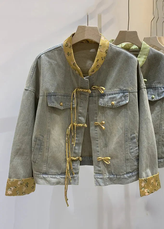 Loose Green Chinese Button Patchwork Denim Coats Long Sleeve Cg1011
