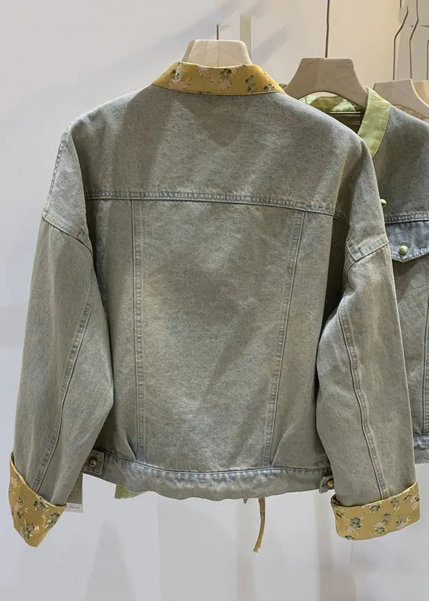 Loose Green Chinese Button Patchwork Denim Coats Long Sleeve Cg1011