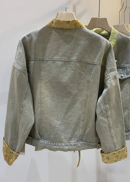 Loose Green Chinese Button Patchwork Denim Coats Long Sleeve Cg1011