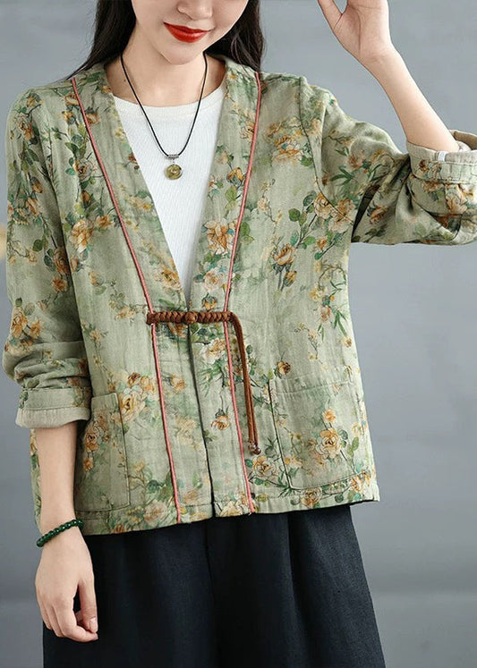 Loose Green Chinese Button Print Cotton Coat Fall Qg035