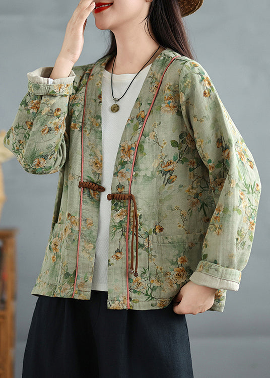 Loose Green Chinese Button Print Cotton Coat Fall Qg035