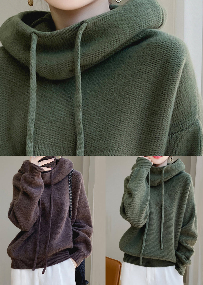 Hooded Knit Spring Cozy Sweater Brown Wool