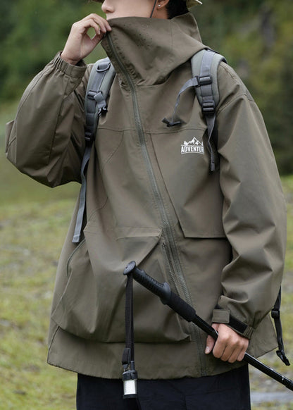 Pockets Hooded Loose Cotton Green Spring Zippered Coat