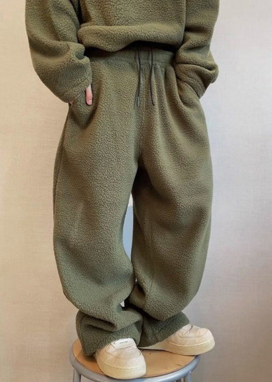 Loose Green Lace Up Elastic Waist Teddy Faux Fur Pants Winter Rm039