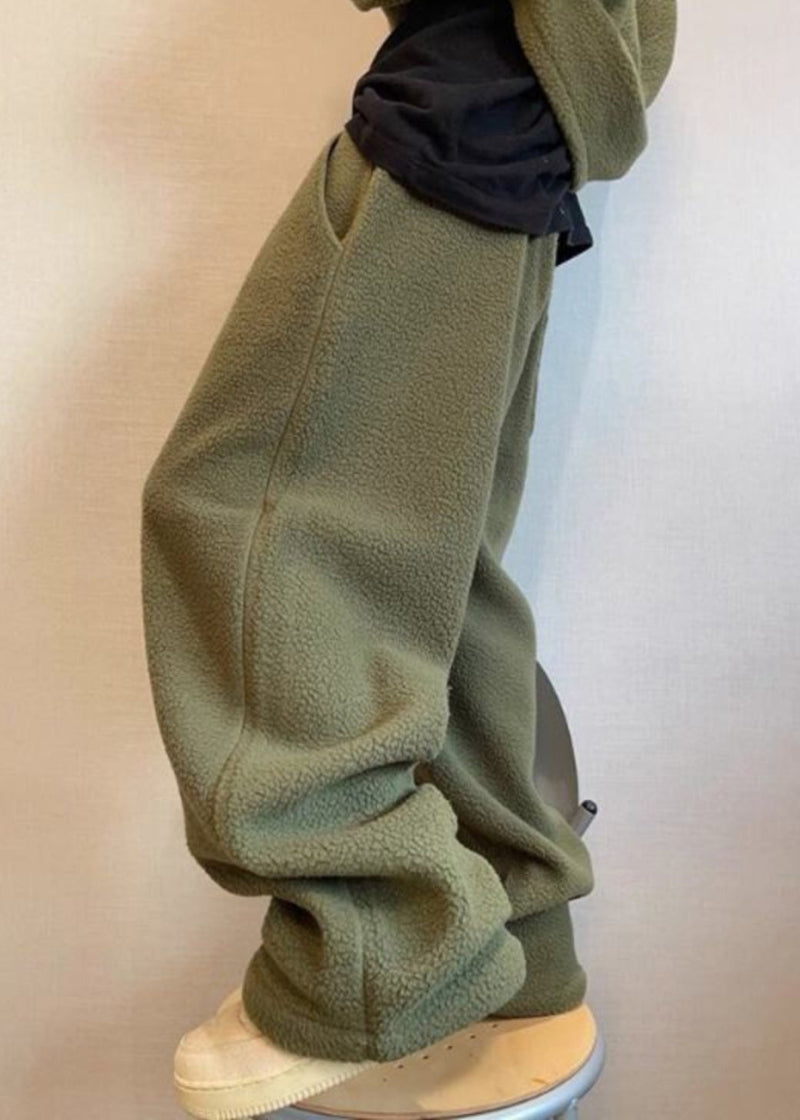 Loose Green Lace Up Elastic Waist Teddy Faux Fur Pants Winter Rm039