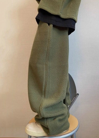 Loose Green Lace Up Elastic Waist Teddy Faux Fur Pants Winter Rm039
