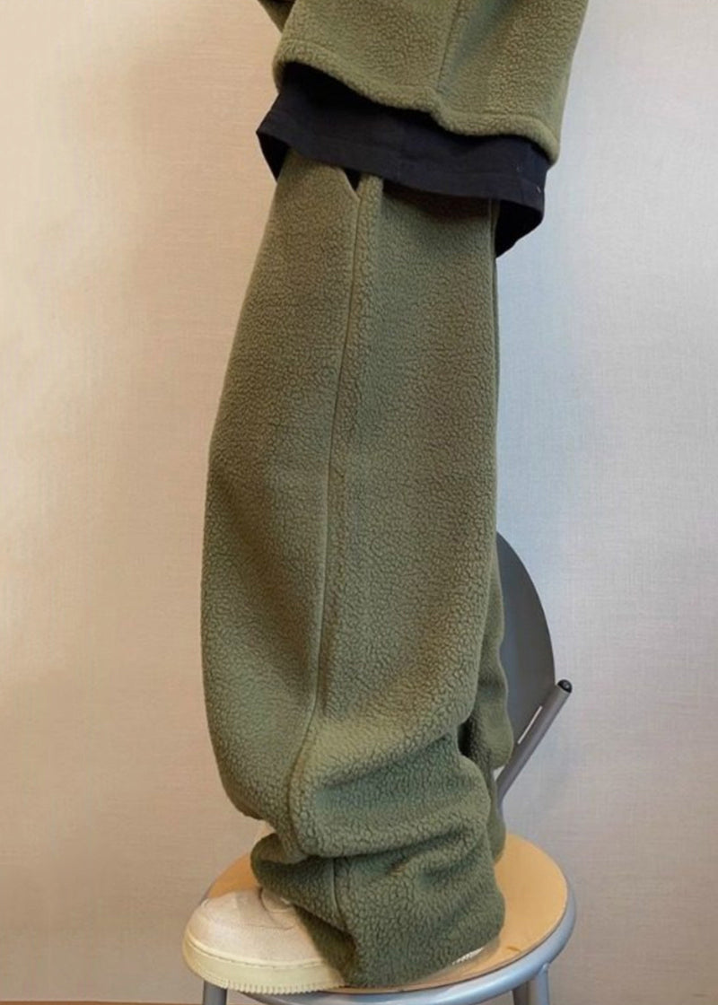 Loose Green Lace Up Elastic Waist Teddy Faux Fur Pants Winter Rm039