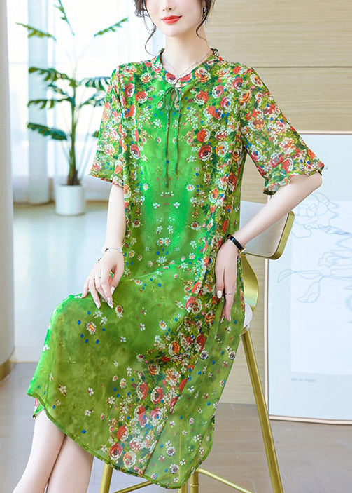 Loose Green Lace Up Print Silk Long Dresses Summer Op1012