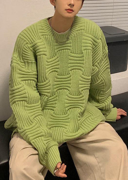 Loose Green O Neck Thick Knit Sweaters Winter Qf037