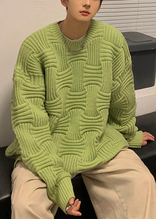 Loose Green O Neck Thick Knit Sweaters Winter Qf037