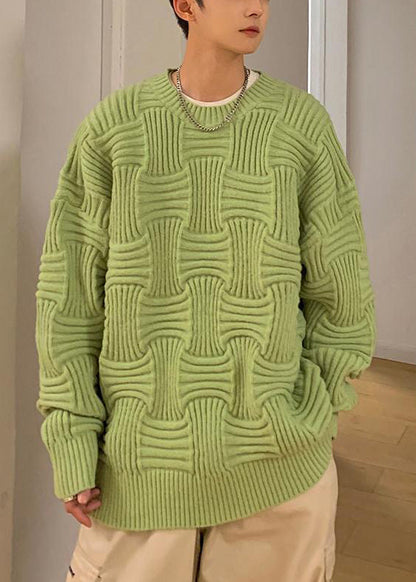 Loose Green O Neck Thick Knit Sweaters Winter Qf037