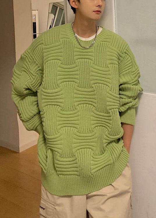 Loose Green O Neck Thick Knit Sweaters Winter Qf037