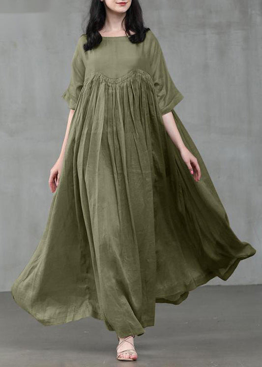 Loose Green Patchwork Wrinkled Linen Maxi Dress Short Sleeve Lc0012
