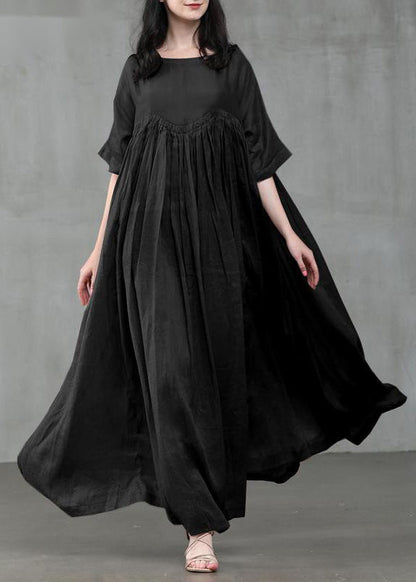 Loose Green Patchwork Wrinkled Linen Maxi Dress Short Sleeve Lc0012