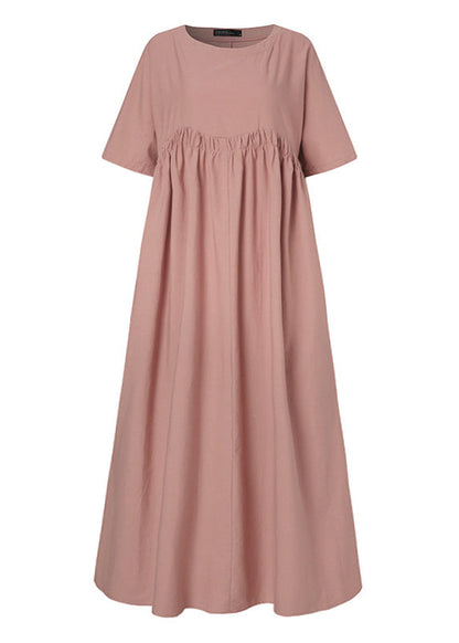 Loose Green Patchwork Wrinkled Linen Maxi Dress Short Sleeve Lc0012