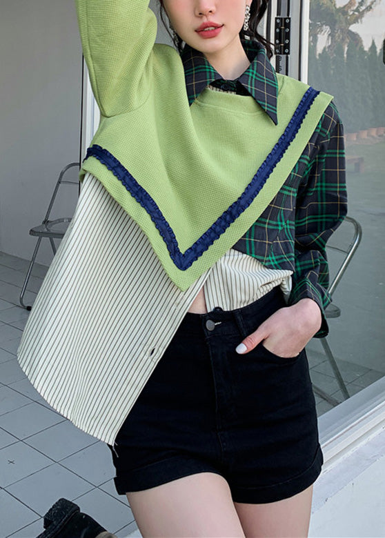 Loose Green Peter Pan Collar Patchwork Button Fake Two Pieces Sweatshirt Spring Ly0798