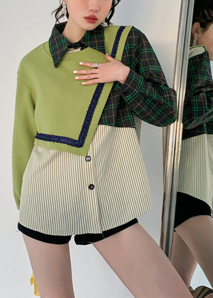 Loose Green Peter Pan Collar Patchwork Button Fake Two Pieces Sweatshirt Spring Ly0798