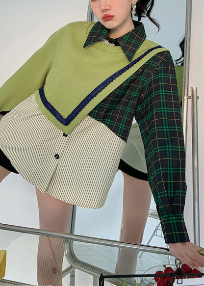 Loose Green Peter Pan Collar Patchwork Button Fake Two Pieces Sweatshirt Spring Ly0798