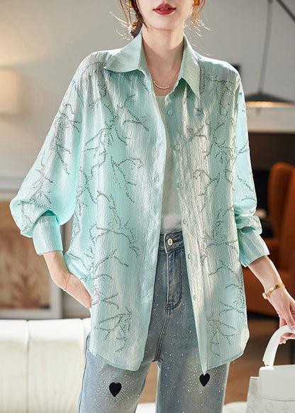 Loose Green Peter Pan Collar Zircon Blouse Long Sleeve Ab1024