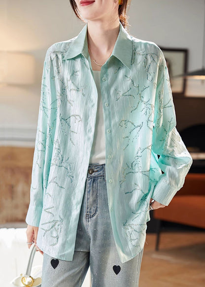 Loose Green Peter Pan Collar Zircon Blouse Long Sleeve Ab1024