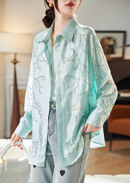 Loose Green Peter Pan Collar Zircon Blouse Long Sleeve Ab1024