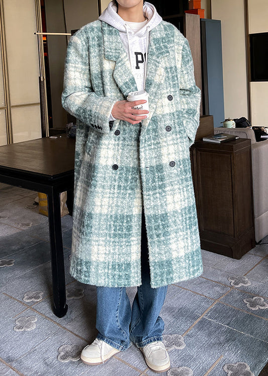 Loose Green Plaid Button Pockets Woolen Coat Winter Ro053