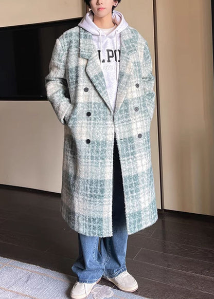 Loose Green Plaid Button Pockets Woolen Coat Winter Ro053
