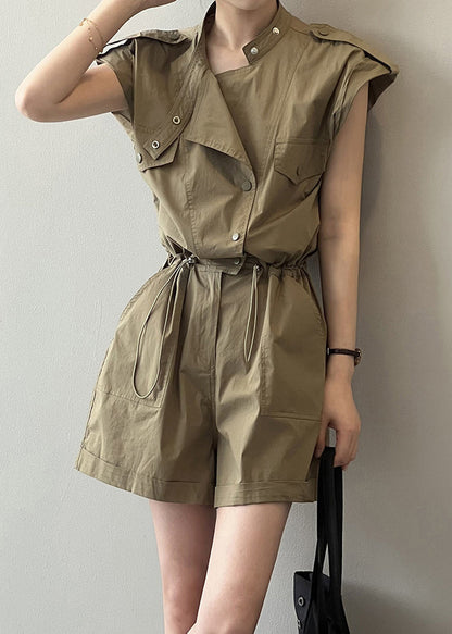 Loose Green Pockets Drawstring Linen Jumpsuit Summer Qe033