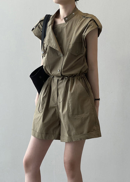 Loose Green Pockets Drawstring Linen Jumpsuit Summer Qe033