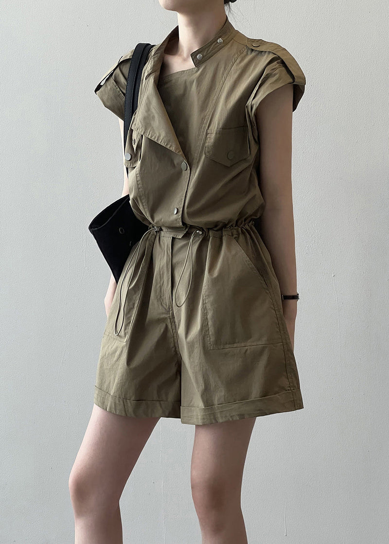 Loose Green Pockets Drawstring Linen Jumpsuit Summer Qe033