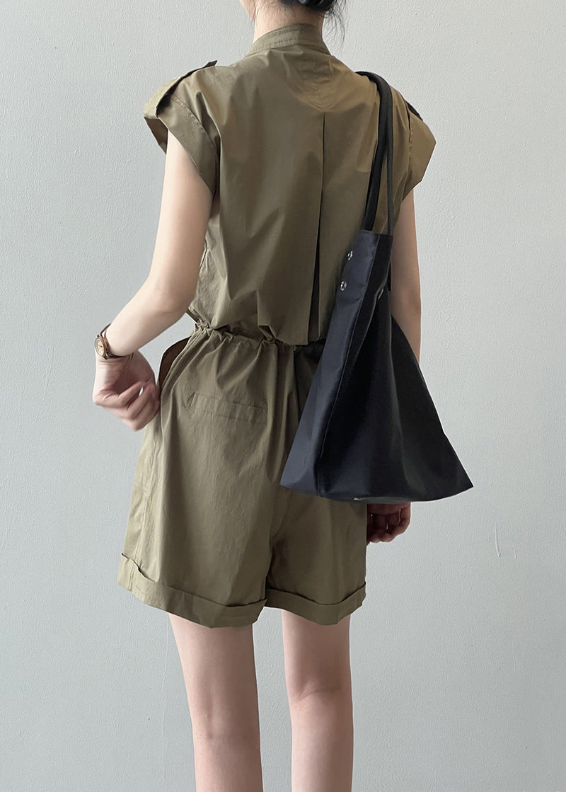 Loose Green Pockets Drawstring Linen Jumpsuit Summer Qe033