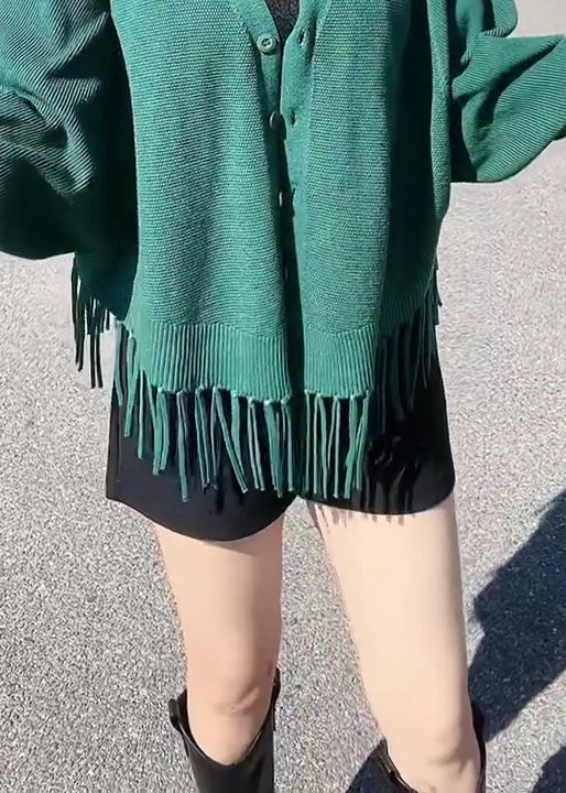 Loose Green Tasseled Button Knit Cardigans Batwing Sleeve As1023