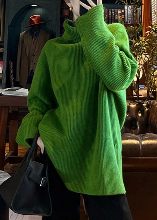 Loose Green Turtleneck Side Open Cotton Knit Sweater Spring To036