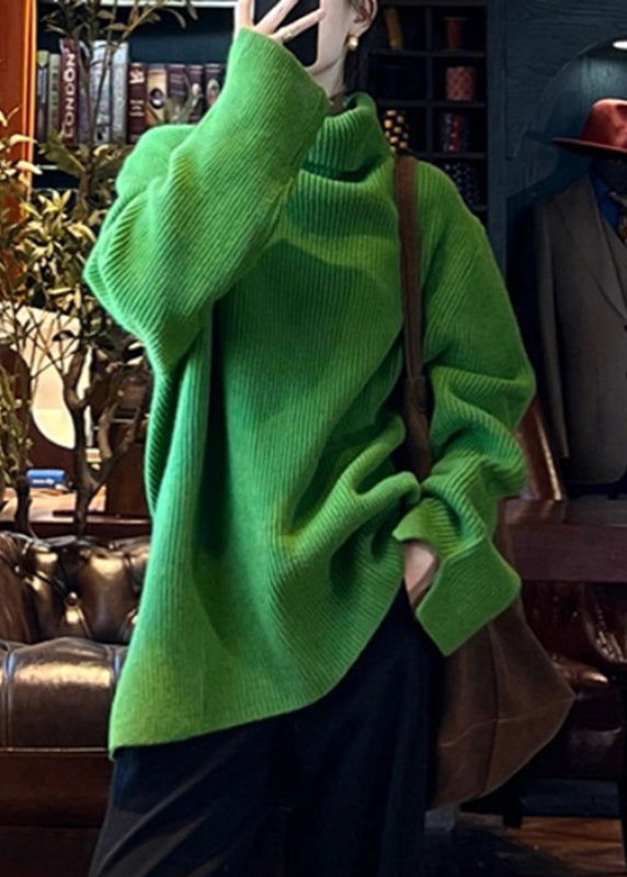 Loose Green Turtleneck Side Open Cotton Knit Sweater Spring To036