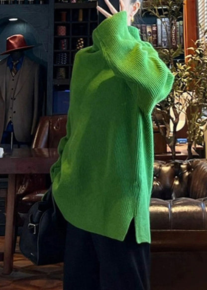 Loose Green Turtleneck Side Open Cotton Knit Sweater Spring To036