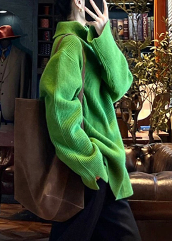 Loose Green Turtleneck Side Open Cotton Knit Sweater Spring To036
