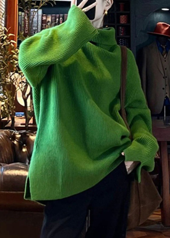 Loose Green Turtleneck Side Open Cotton Knit Sweater Spring To036