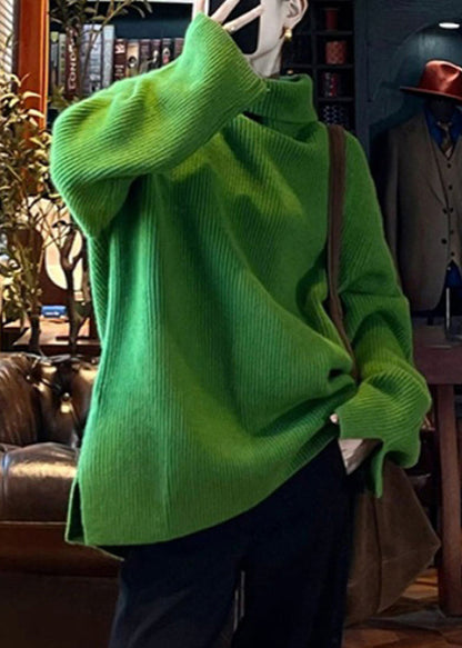 Loose Green Turtleneck Side Open Cotton Knit Sweater Spring To036