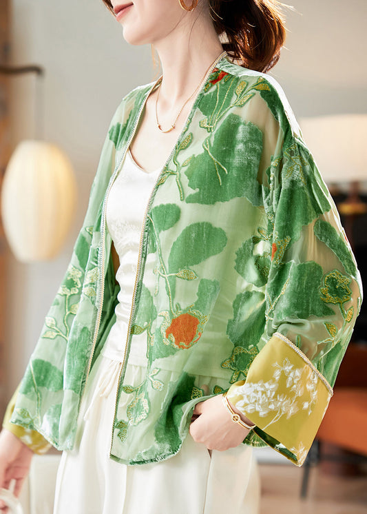 Loose Green V Neck Patchwork Silk Velvet Cardigan Long Sleeve Am1003