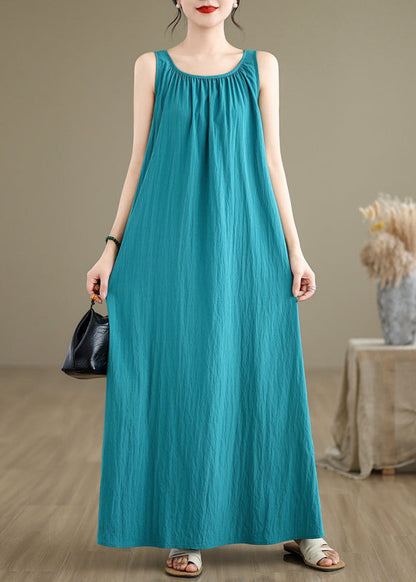 Loose Green Wrinkled Cotton Maxi Dresses Sleeveless Jh054