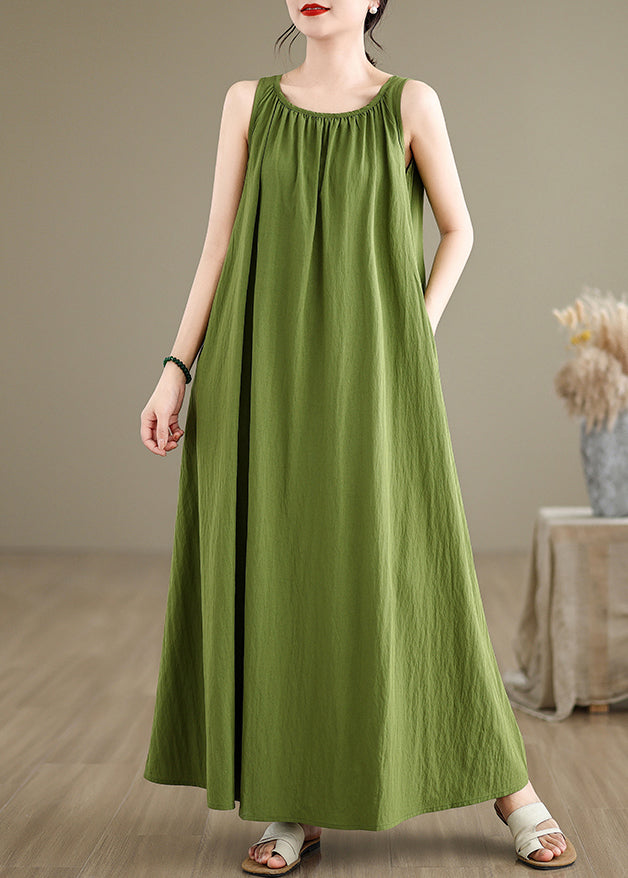 Loose Green Wrinkled Cotton Maxi Dresses Sleeveless Jh054