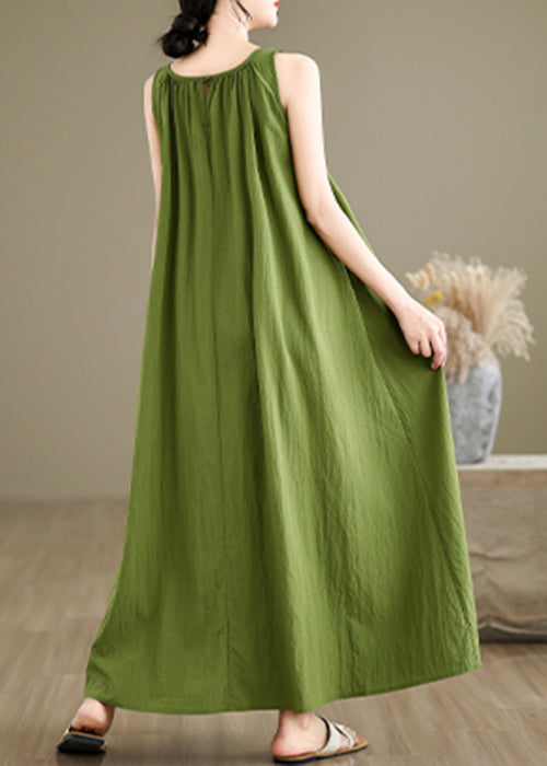 Loose Green Wrinkled Cotton Maxi Dresses Sleeveless Jh054