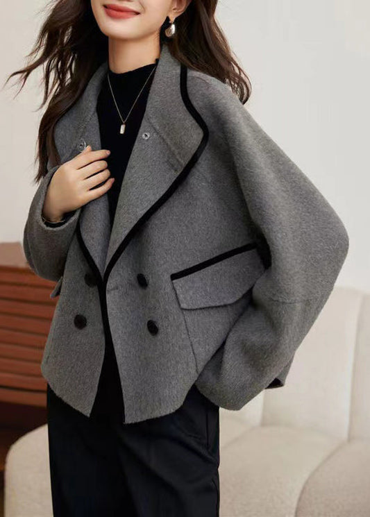 Loose Grey Button Pockets Woolen Coats Winter Wm010