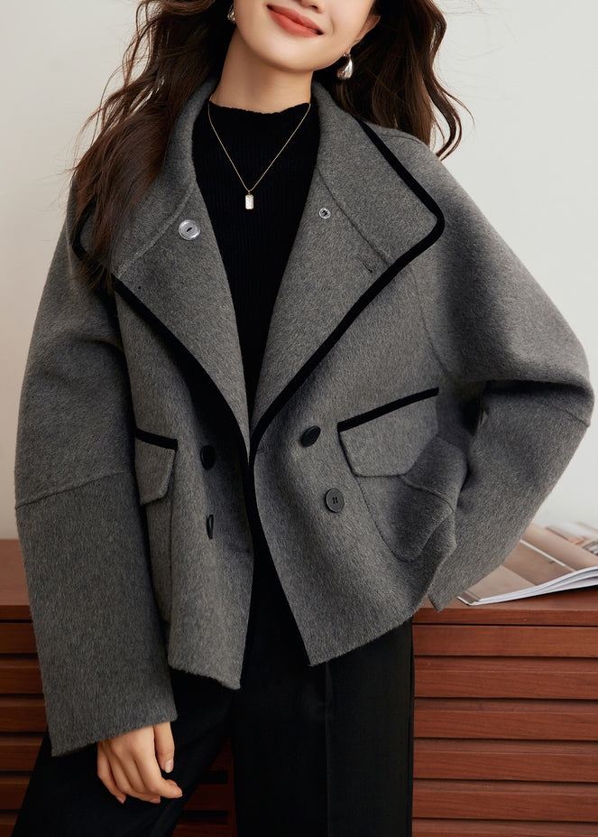 Loose Grey Button Pockets Woolen Coats Winter Wm010