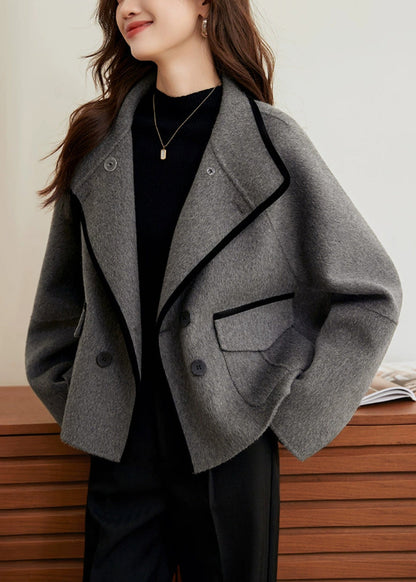 Loose Grey Button Pockets Woolen Coats Winter Wm010